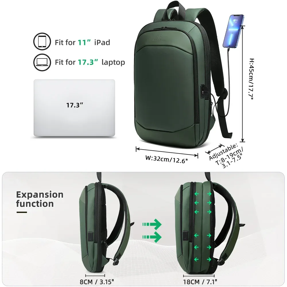 heroic knight-sac à dos d'affaires étanche pour homme et femme, sac pour ordinateur portable mince 17 ", sac d'école de luxe avec usb, fermeture éclair ykk, mode de travail