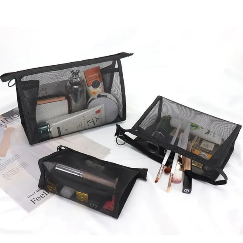 sacs de maquillage en maille noire pour femmes et filles, sac à cosmétiques, sacs de rangement portables, lavage, rouge à lèvres, toilette, serviette hygiénique, évaluation, voyage
