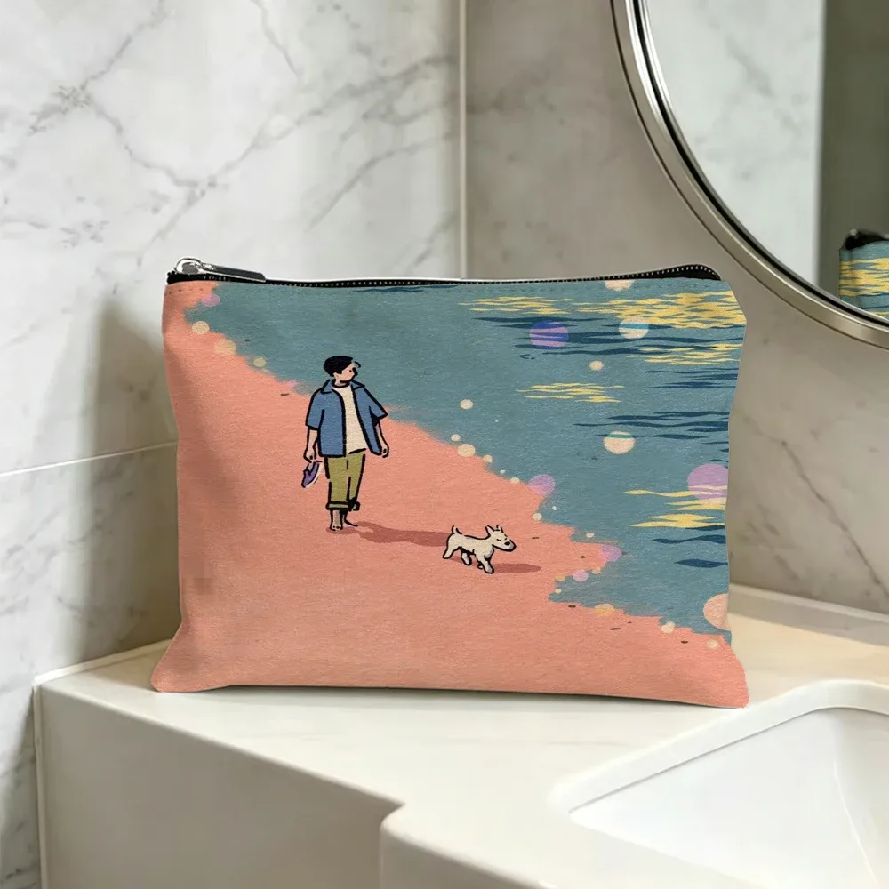 trousse de maquillage en toile sur le thème de la plage, pochette cosmétique de voyage avec fermeture éclair, organisateur de toilette portable pour femmes et filles.