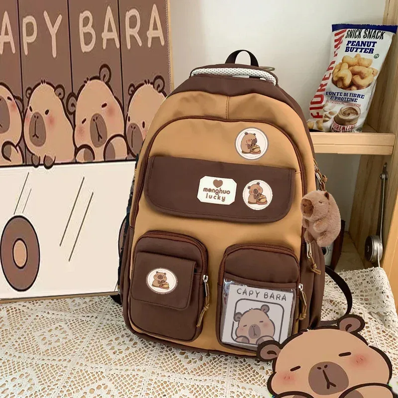 dessin animé capybara école sac à dos étudiant pochette d'ordinateur tissu imperméable sangle réglable sac de voyage décontracté avec plusieurs poches