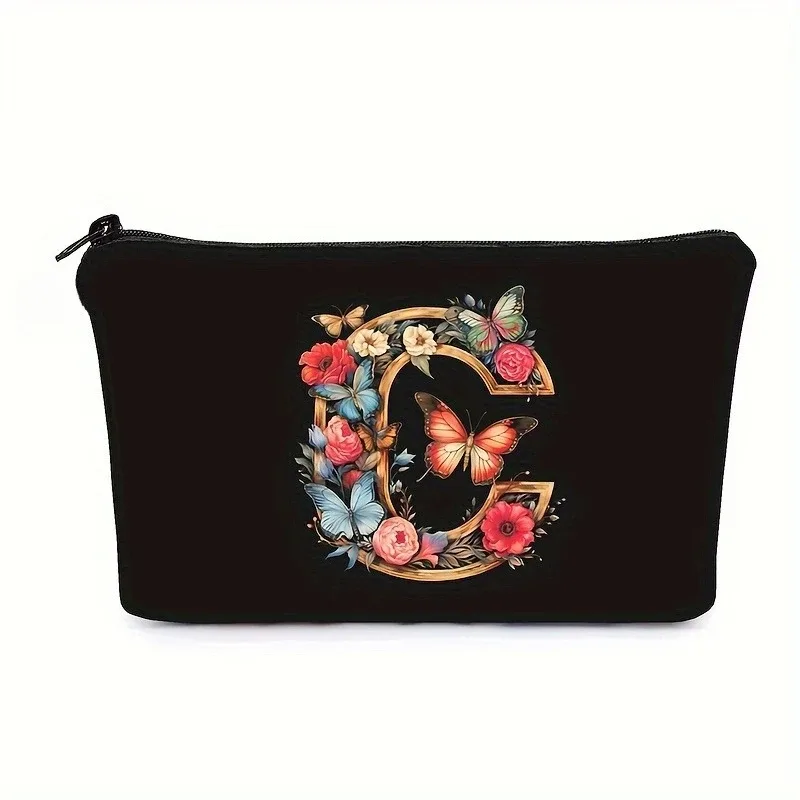 trousse de maquillage noire avec imprimés de 26 lettres de l'alphabet anglais, pochette à cosmétiques, sacs de rangement multifonctionnels