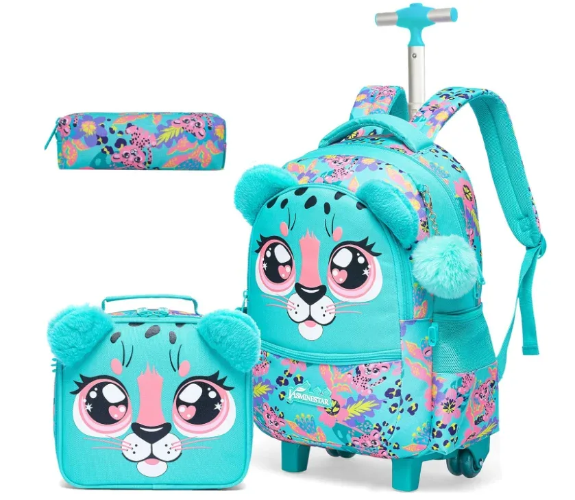 sac à dos de voyage pour enfants, sac à dos d'école à roulettes pour filles, bagages de voyage 3 en 1, valise à main avec sac à déjeuner