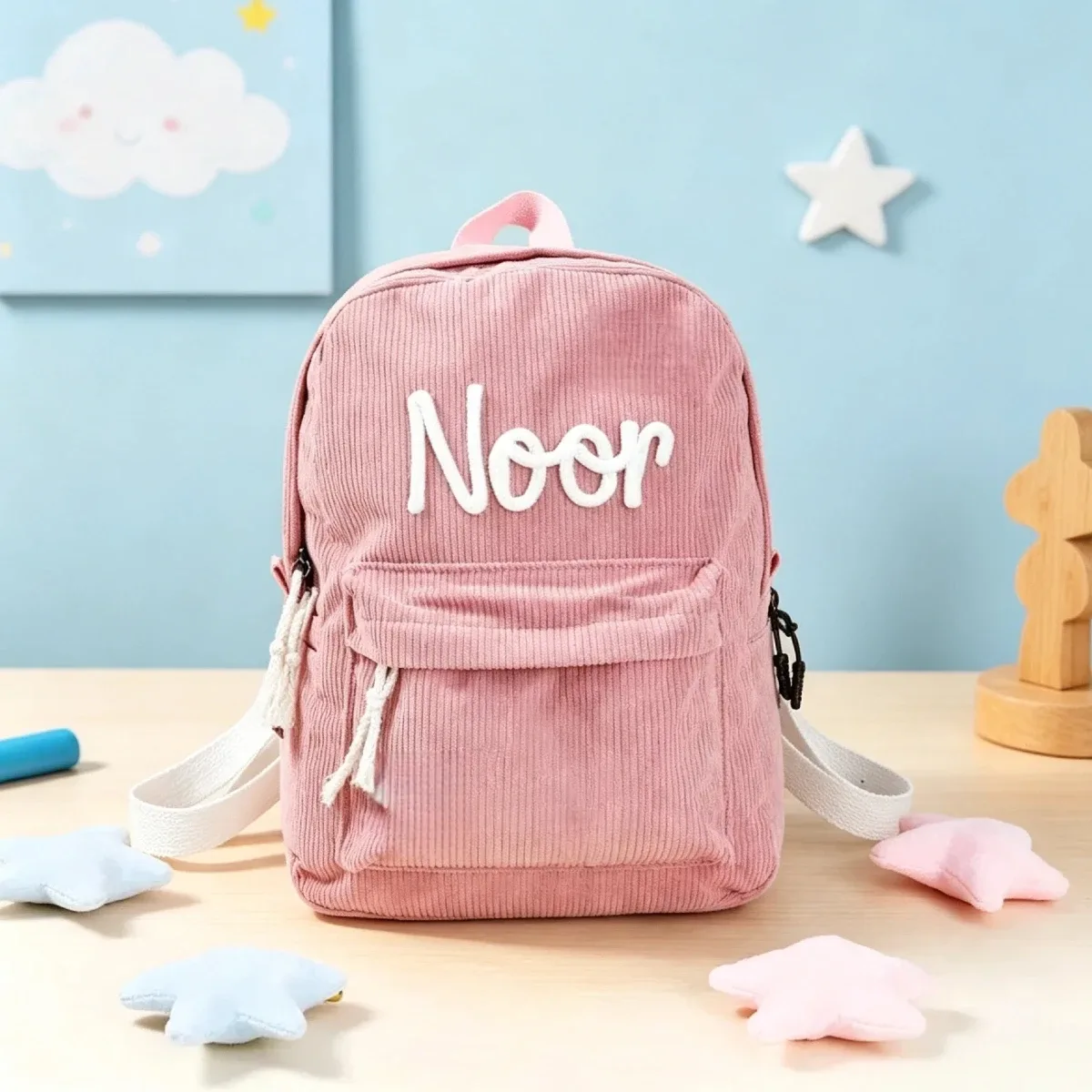 sac à dos personnalisé en velours côtelé avec broderie de nom en corde de coton – cadeau de rentrée scolaire pour enfants, filles et garçons