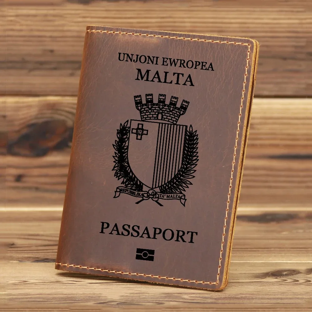 couverture de passeport pour hommes, 100% cuir véritable, île de malte, vintage, cheval fou, porte-passeport