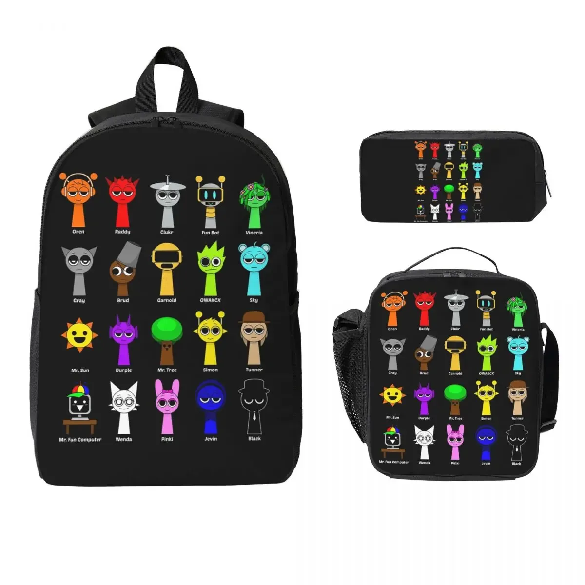 sac à dos pour enfants all my sprunki game toys, sac d'école, sac à bandoulière, 3 pièces, sac à lunch isotherme, trousse à crayons