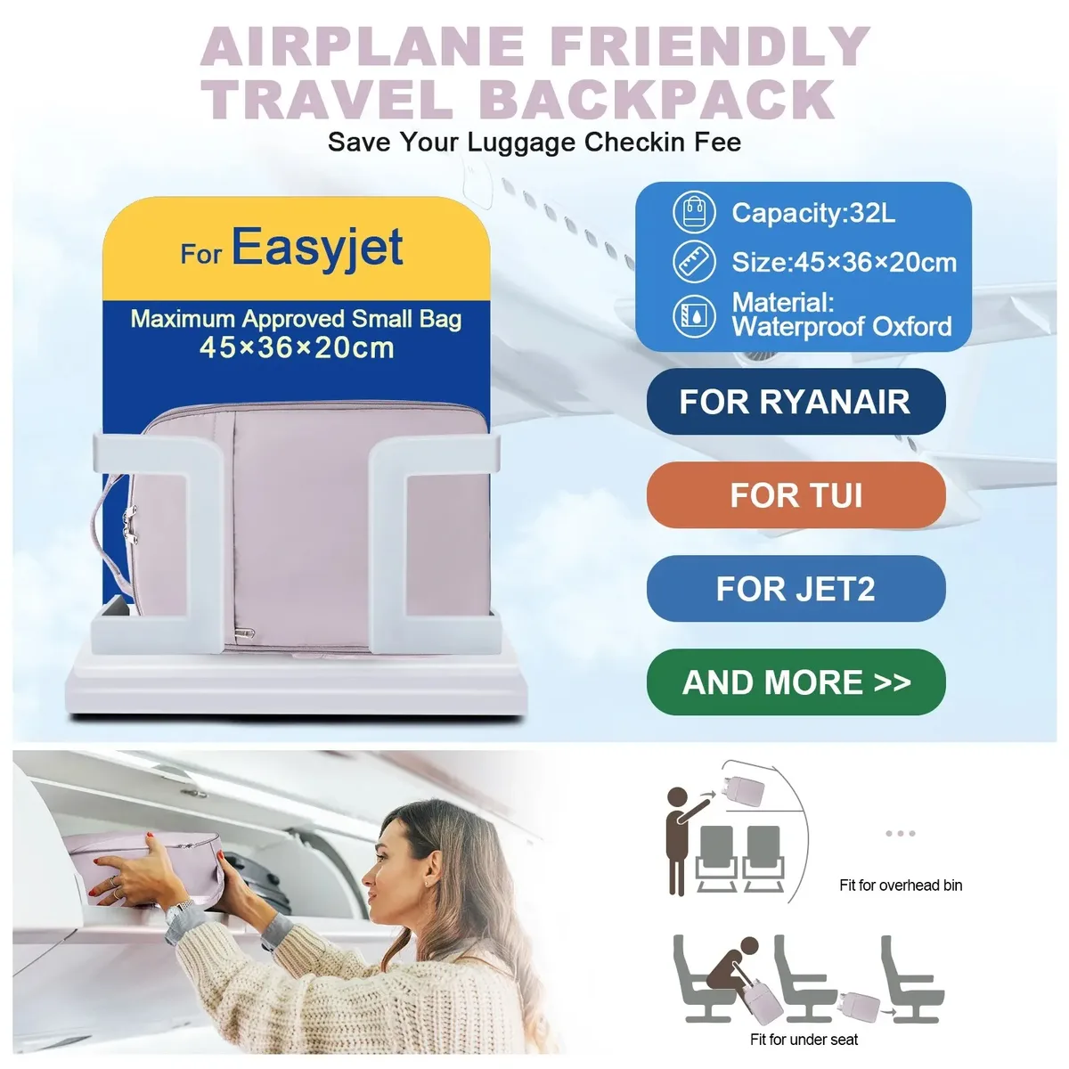 vekros-sac à dos de bagage à main pour ryanair, bagage de cabine, easyjet, observateur, avion, transport, voyage, 40x20x25, 45x36x20