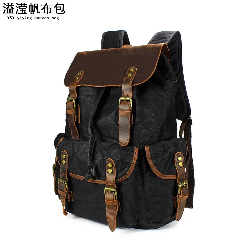 sac à dos en toile de cire d'huile pour femmes, sac de voyage vintage étanche de grande capacité, mochila en cuir pour ordinateur portable avec cordon
