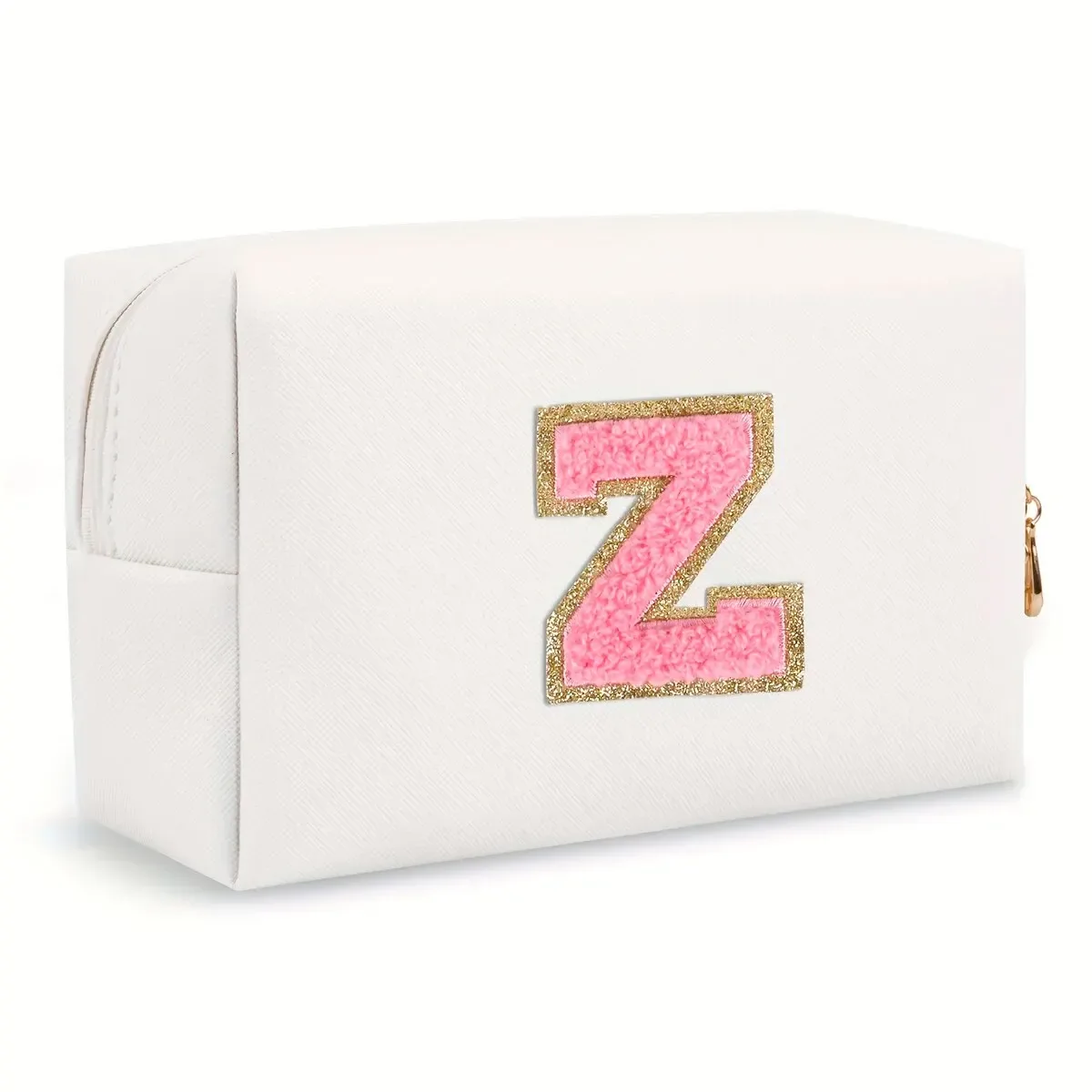 trousse de maquillage preppy pour femmes, trousse de toilette de voyage, sac à cosmétiques avec lettres en chenille, pochette étanche en cuir pu, joli organisateur à fermeture éclair-ll