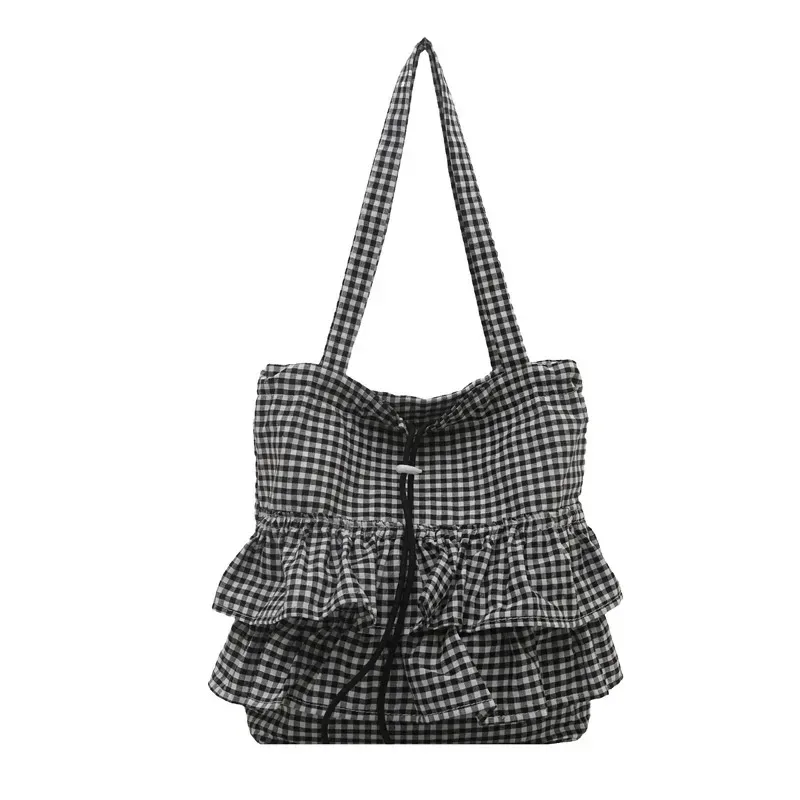 sac fourre-tout pour femme, à volants, à carreaux, avec cordon de serrage, sac à main en toile tendance, grande capacité, sacs coréens, bolsos de mujer