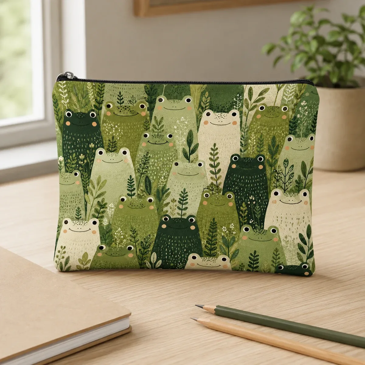 trousse de maquillage mignonne grenouille forêt, pochette de maquillage en toile imprimé famille de grenouilles botaniques vertes, sac de rangement portable pour articles de toilette de voyage