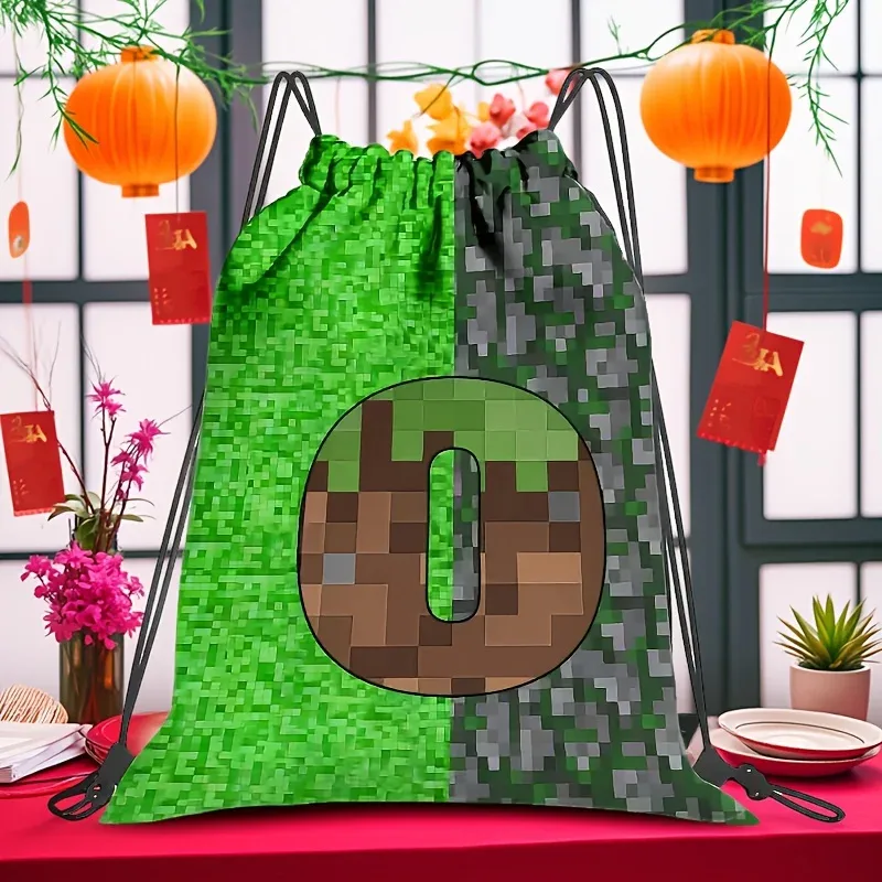 sac à dos à cordon de serrage de grande capacité pour jeux vidéo, avec lettrage pixelisé, unisexe, motif géométrique multicolore, 1 pièce