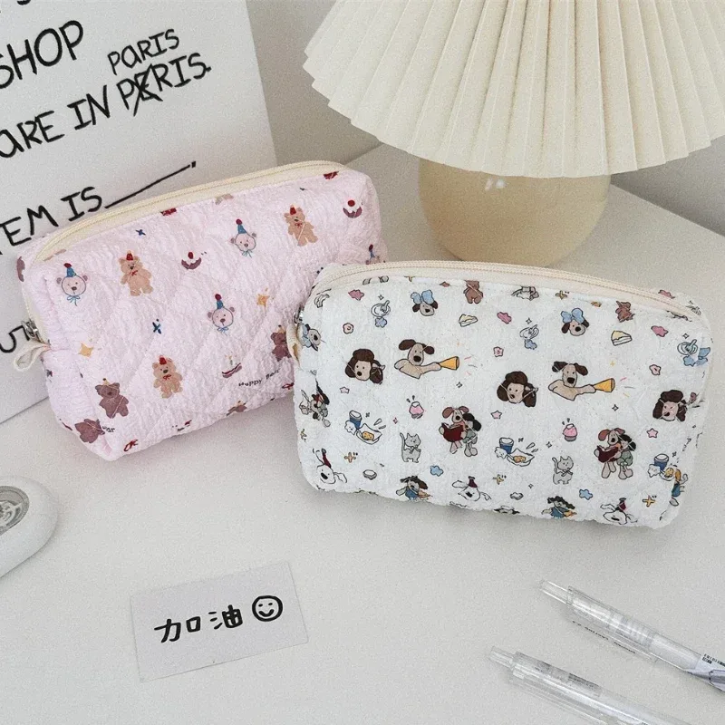 petit sac à cosmétiques pour femme, trousse de maquillage, sacs de rangement portables, pochette en coton pour femme, joli ours de dessin animé, fleur rose