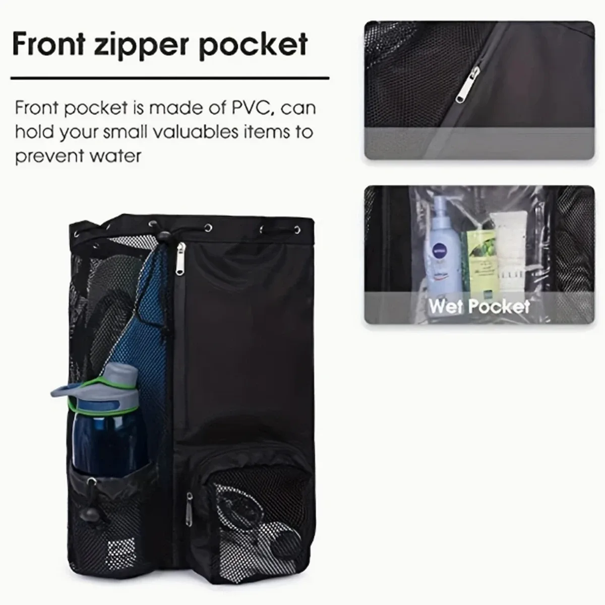 sac à dos de plage extérieur, sac de natation, sac à dos en filet perforé avec cordon de serrage et sac étanche, sac de rangement pour gym, yoga et exercices, 1 ensemble