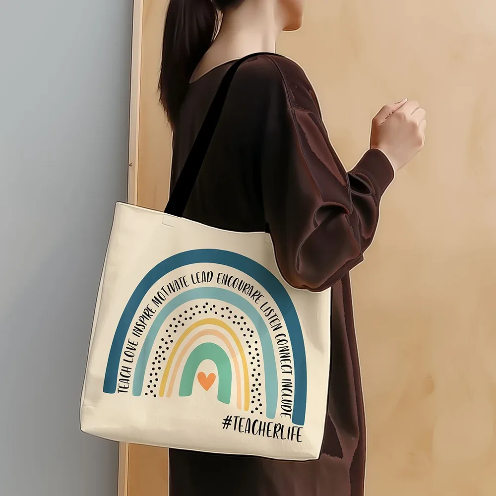 sac à bandoulière arc-en-ciel à la mode, 1 pièce, sac de shopping imprimé, cadeau de fête des enseignants, merci pour l'aide à moi