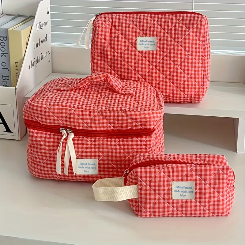 trousse de maquillage à carreaux, sac à cosmétiques portable de grande capacité pour femmes et filles, trousse de toilette de soins de la peau, pochette portefeuille multifonctionnelle mignonne
