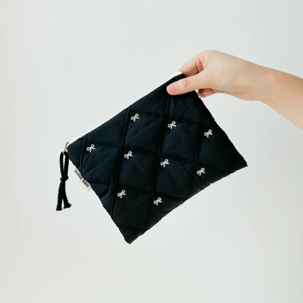 nouvelle trousse de toilette matelassée avec nœud brodé, grande capacité, sac à papeterie multifonctionnel, trousse à stylos