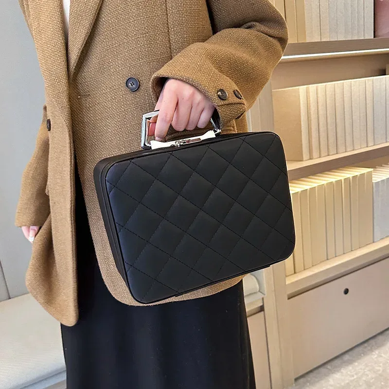sac à cosmétiques portable en cuir argyle pour femme, multifonction, étanche, rangement de voyage, organisateur, sac à main, miroir, étui de maquillage