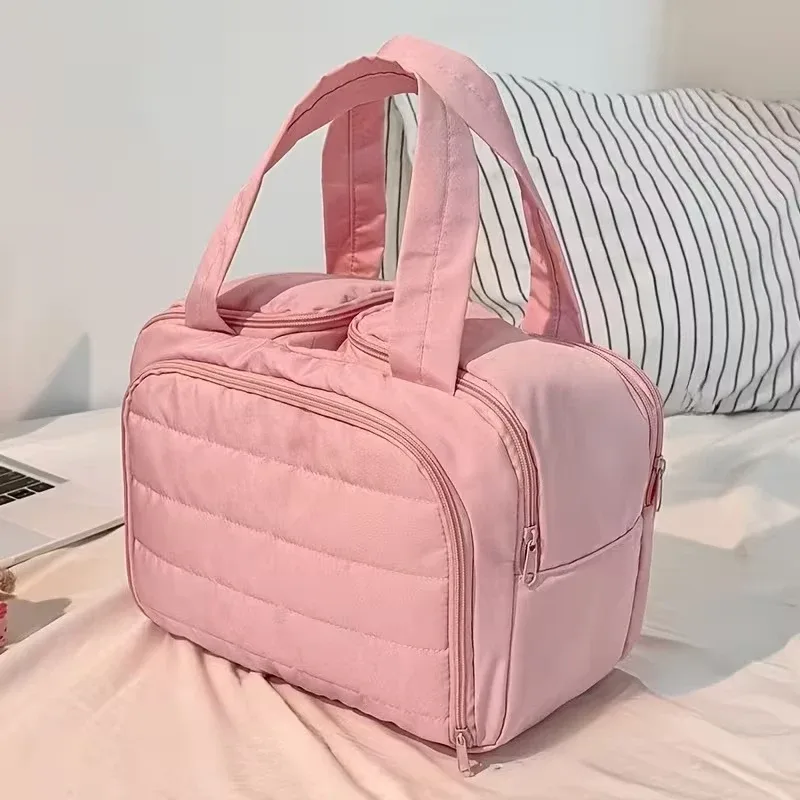 nouvelle trousse de maquillage de voyage verticale, grande capacité multi-zones avec poignée, trousse de toilette portable multi-compartiments pour femme