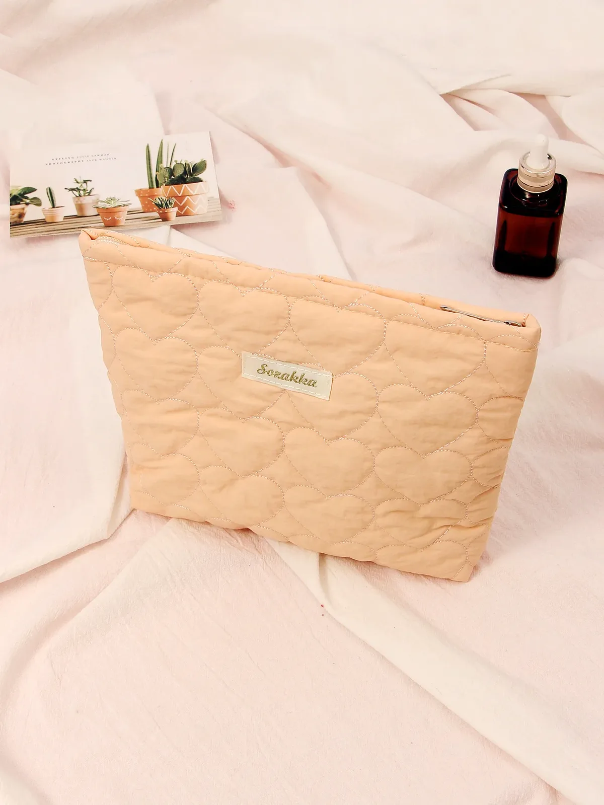sac de maquillage matelassé en forme de cœur pour femmes, macaron, grande capacité, mignon, pochette de rangement de cosmétiques, sac à main de voyage