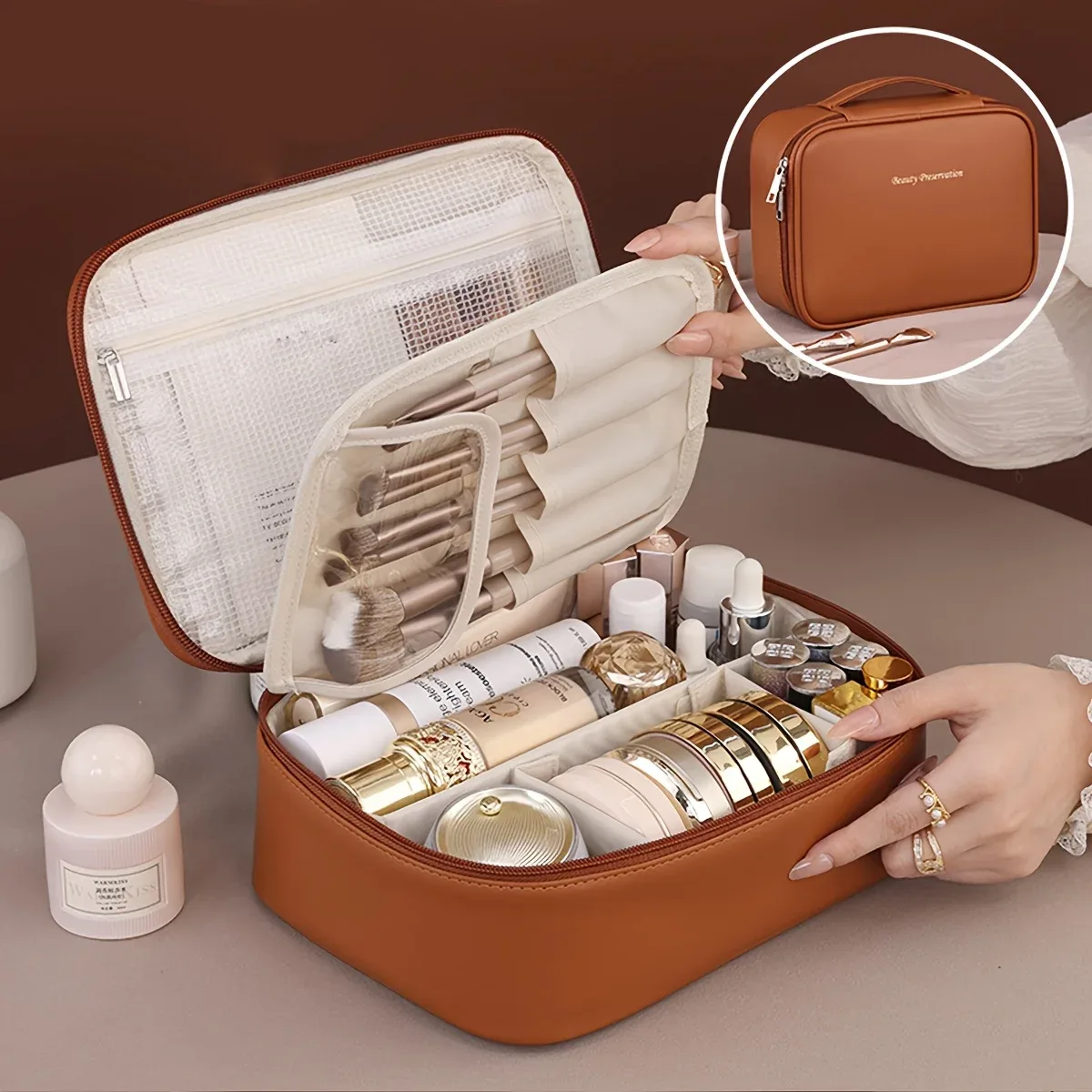 trousse de maquillage double couche en cuir pu, sacs à cosmétiques de grande capacité, organisateur de cosmétiques de luxe, essentiels de voyage pour femmes