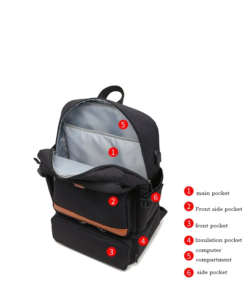 sac à dos isotherme noir pour ordinateur portable, sacs isothermes, compartiment usb, sacs à dos étanches, randonnée en plein air, sac à lunch isotherme, mode
