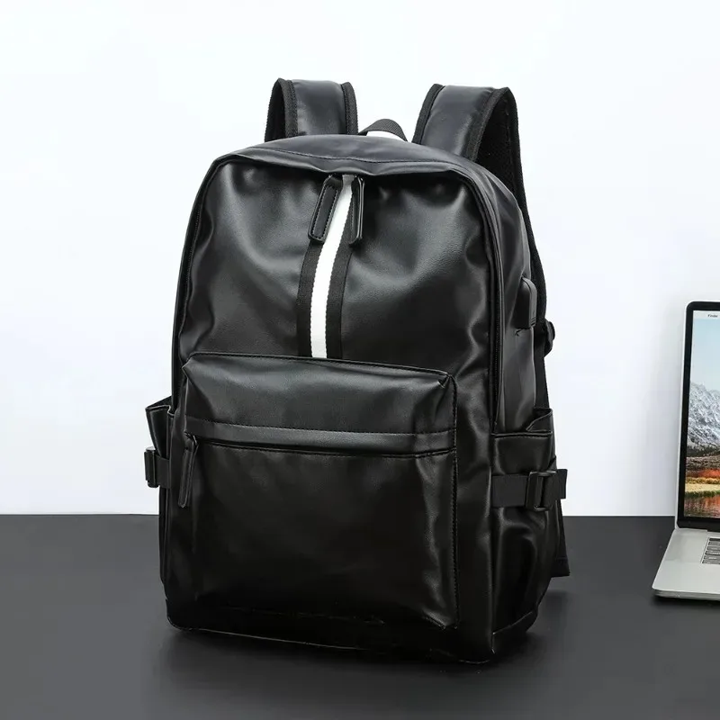sac à dos rayé à la mode pour hommes, sac de voyage de grande capacité avec usb, sacs à dos en cuir pu souple, cartable d'école pour étudiants
