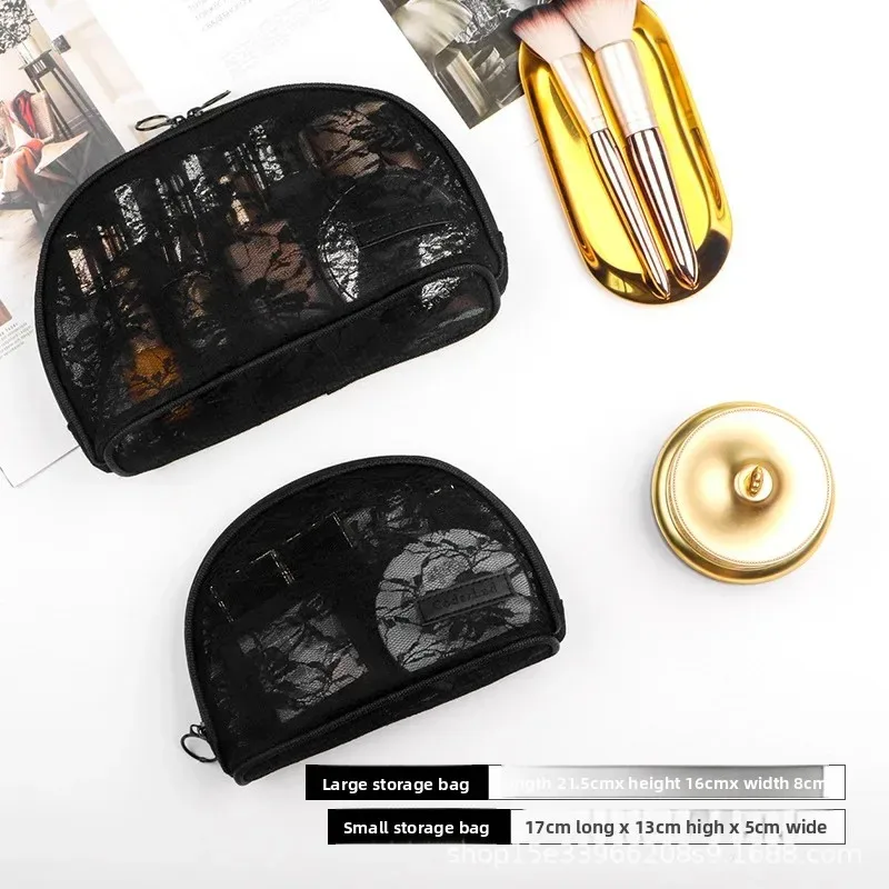 trousse de maquillage en dentelle transparente portable, sac de rangement de taille moyenne pour articles de toilette, matériau en nylon de style japonais de la chine continentale