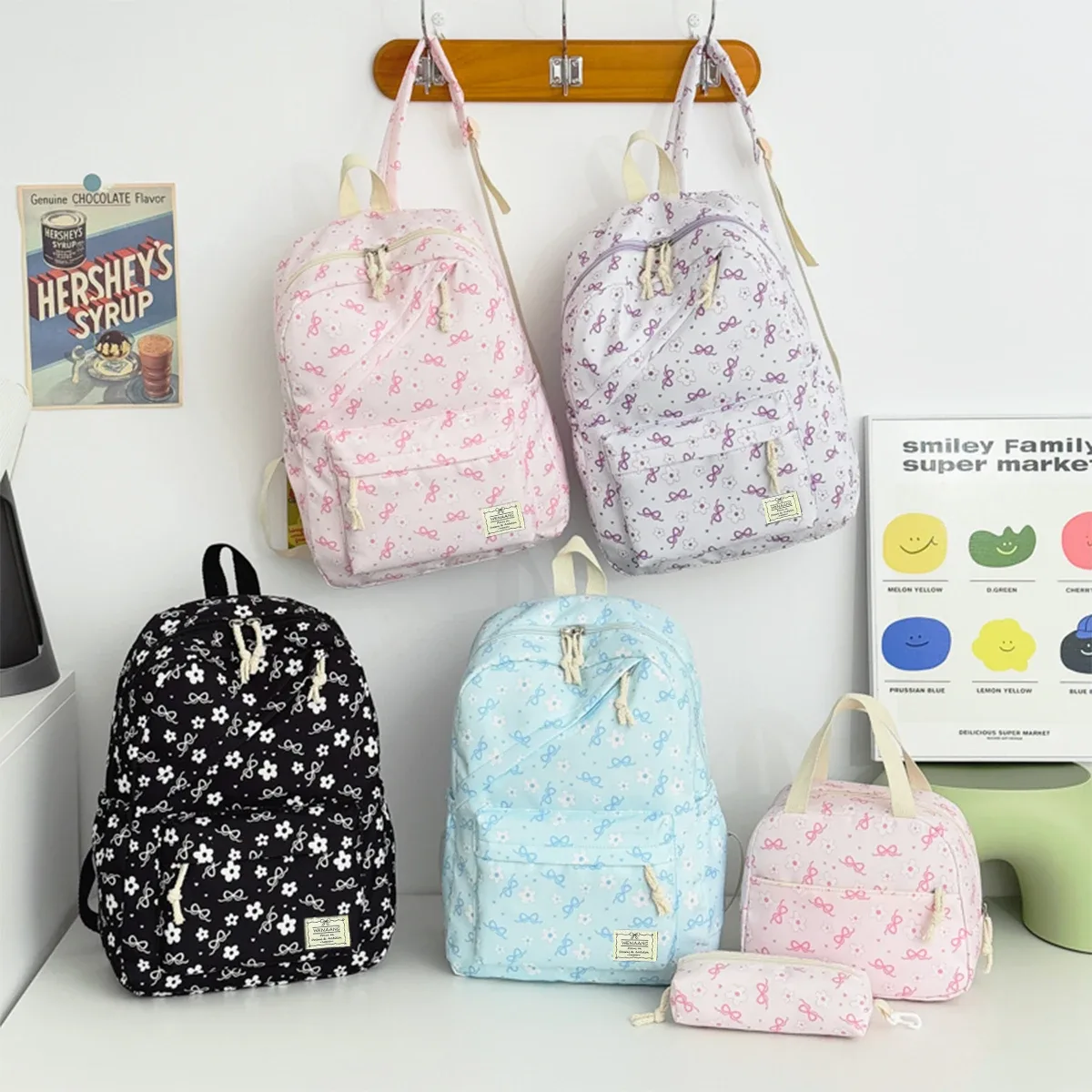 ensemble de sacs à dos trois pièces en nylon léger à imprimé floral, grande capacité, pour filles, idéal pour le campus et les étudiantes