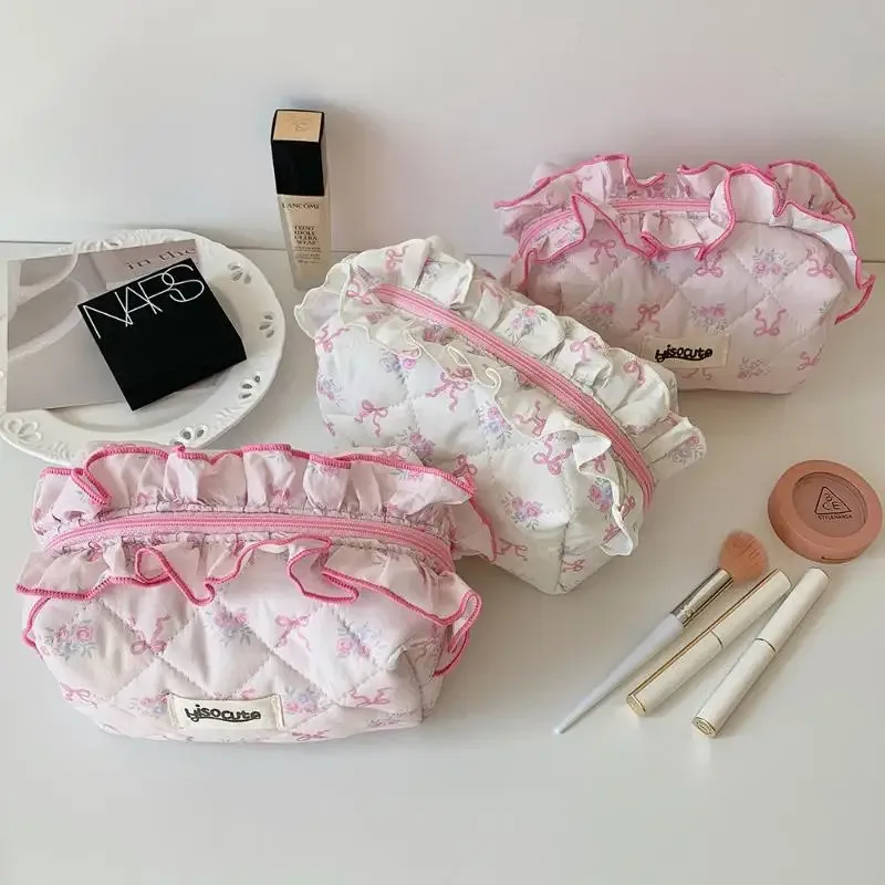 sac de maquillage en coton matelassé avec nœud mignon pour femmes, organisateur de cosmétiques à fermeture éclair, sac à main en tissu, trousse de toilette portable pour filles