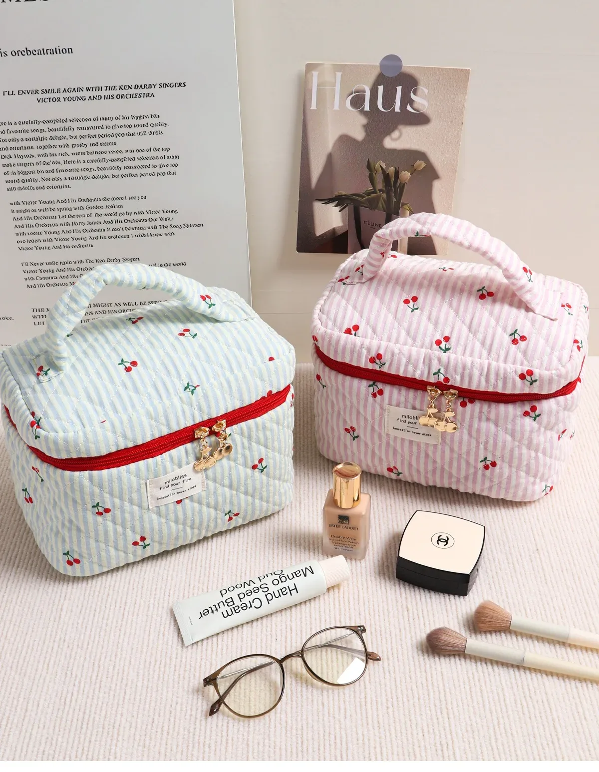 sac à cosmétiques matelassé imprimé cerise rouge ins, version coréenne, rayé, trois couleurs, polyvalent, simple, sac de rangement pour sortir, porte de voyage