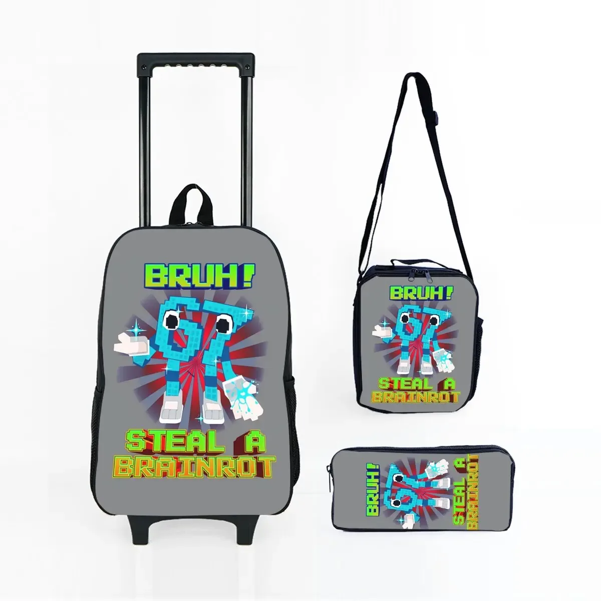 ensemble de sacs à roulettes noirs numéro 67 colorés, avec boîte à déjeuner, sac à stylos avec roulettes, sac à dos de chariot d'école pour filles/garçons