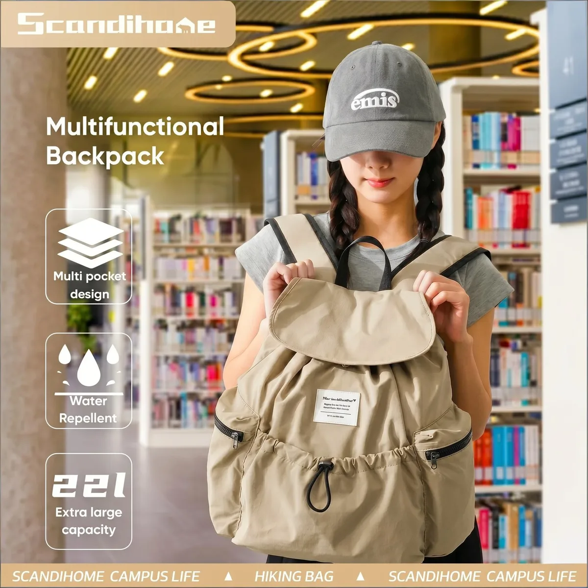 Grand sac à dos imperméable en nylon avec cordon de serrage pour hommes et femmes, compartiment pour ordinateur portable, sac à dos d'école, sac de voyage décontracté