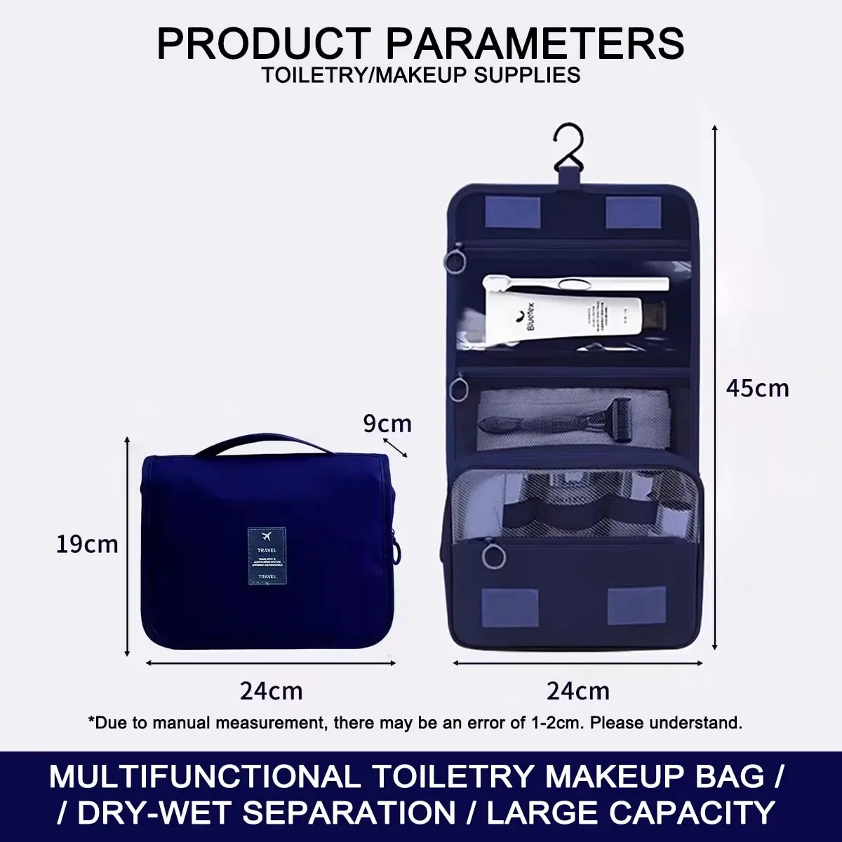 trousse de maquillage de voyage imperméable premium pour femmes – organisateur de toilette suspendu avec crochet, pochette de lavage spacieuse pour salle de bain et compartiment sec/humide