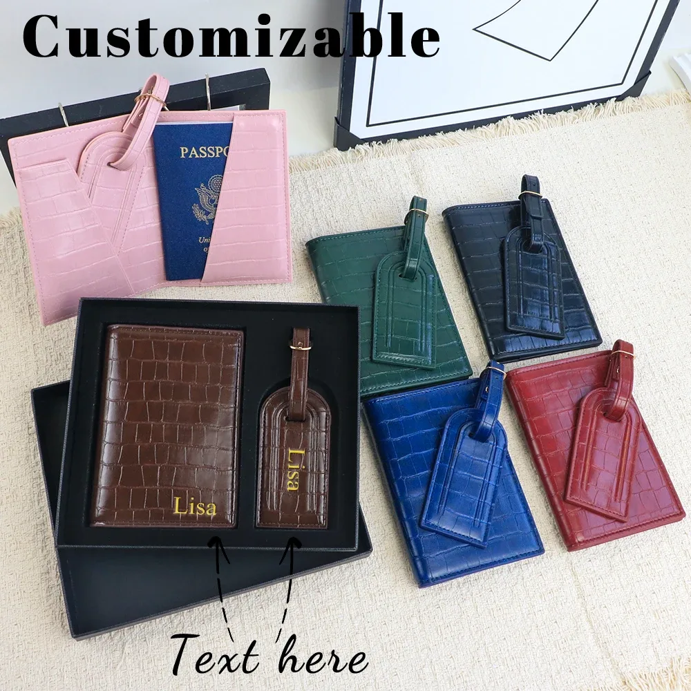 Étiquette de bagage personnalisée en cuir PU motif peau de crocodile + porte-passeport, coffret cadeau, accessoires de sac