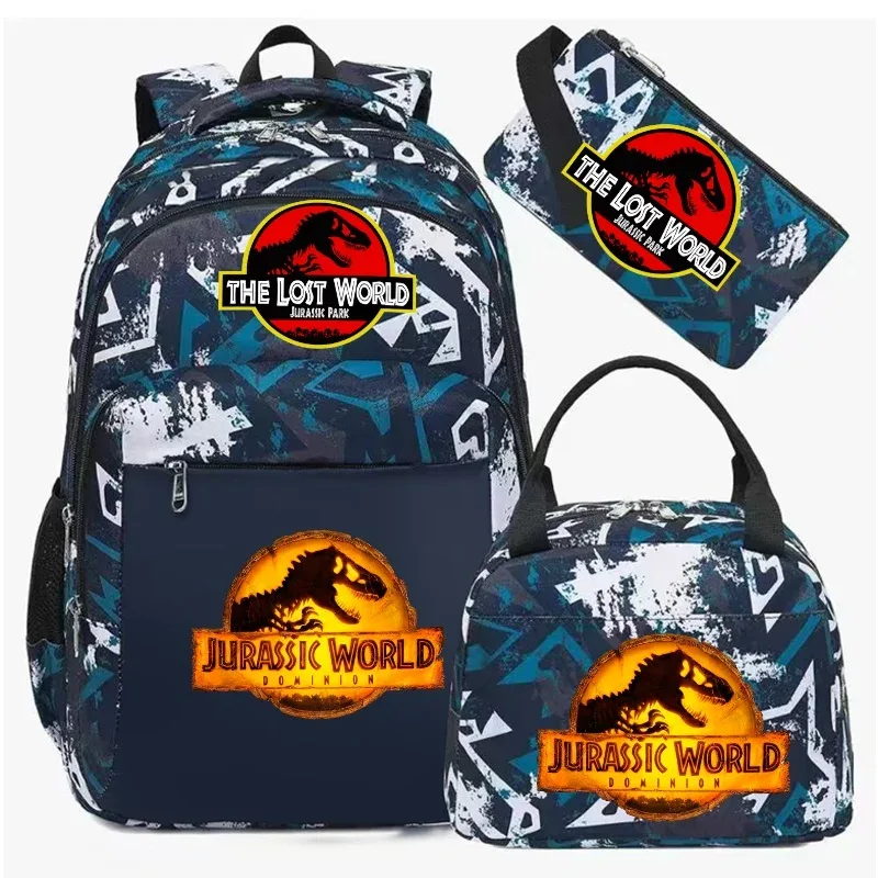 Sac à dos Jurassic World Park, sac à dos de voyage camouflage dinosaure avec sacs à lunch, sacs d'école pour ordinateur portable pour femmes et hommes, 3 pièces