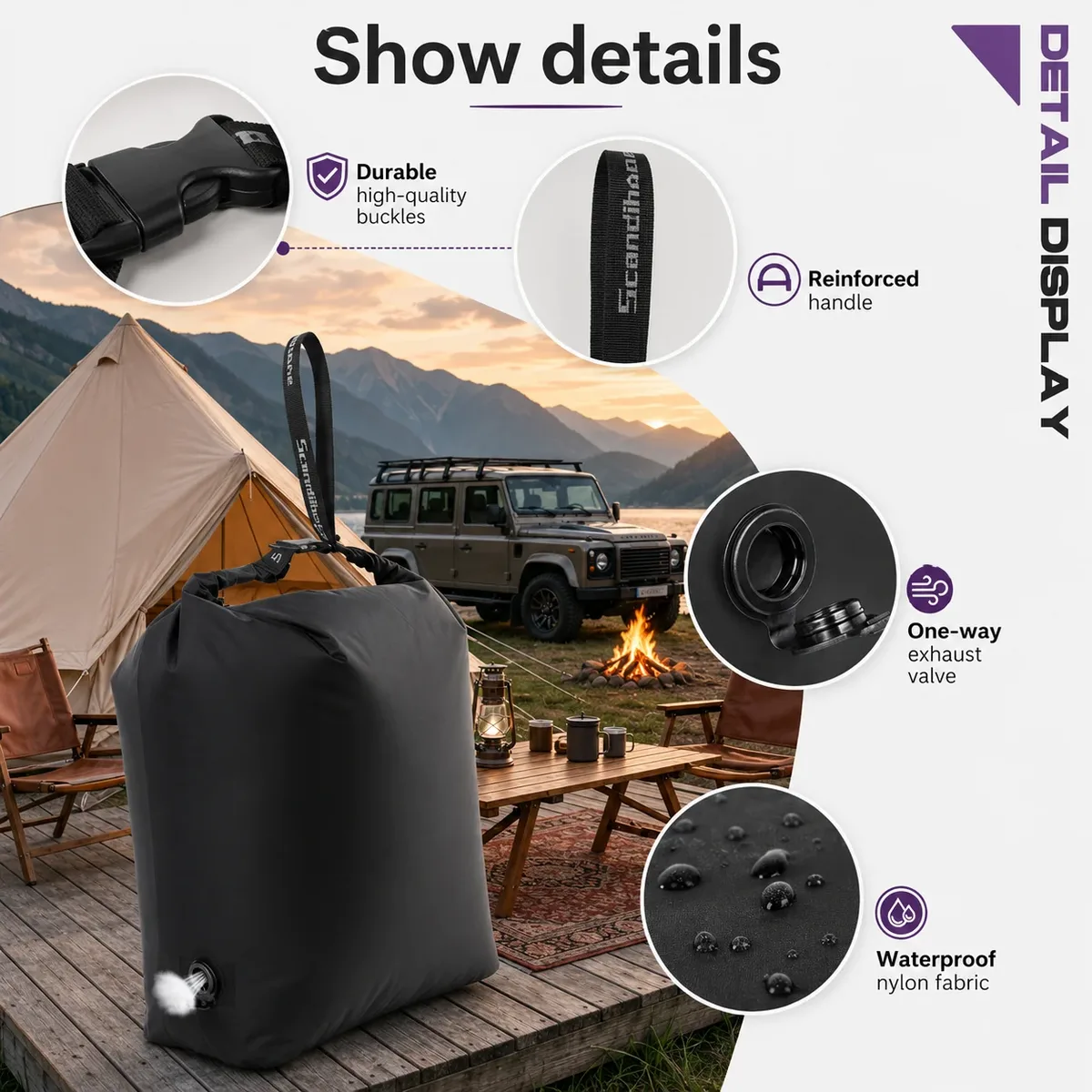 sac de compression sous vide pour glamping, pas de pompe nécessaire, organisateur d'équipement imperméable pour sac de couchage, doudoune, vanlife, économiseur d'espace