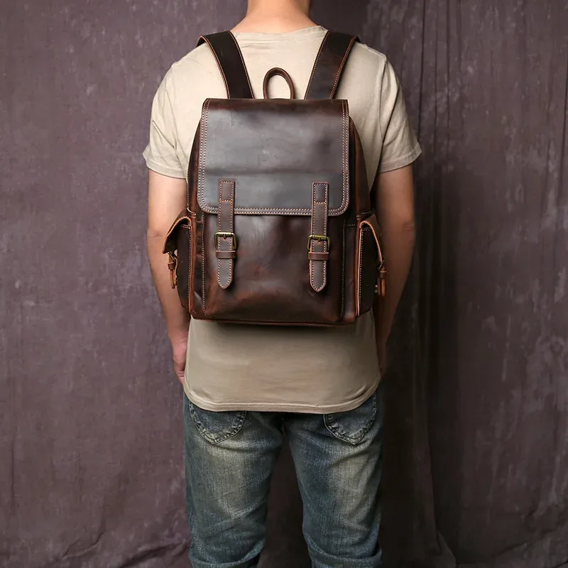 sac à dos en cuir véritable fait à la main pour homme, couche supérieure simple, sac d'ordinateur en cuir de vachette avec fermeture éclair, cartable à la mode
