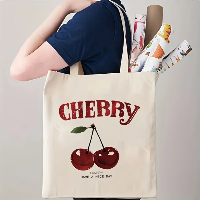 sac fourre-tout en toile à imprimé cerises tendance, sac fourre-tout réutilisable pour les courses, avec bretelles fixes, non doublé, non scellé, anti-fa