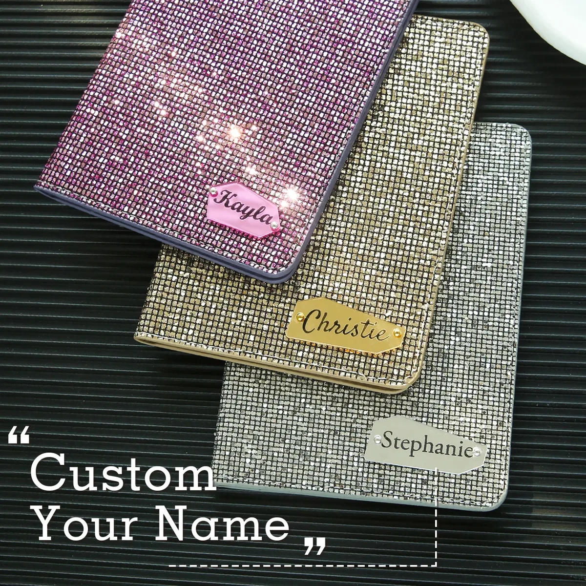 Porte-passeport avec nom personnalisé, 1 pièce, avec boule Disco, paillettes, porte-passeport Unique personnalisé avec étiquette nominative miroir brillant