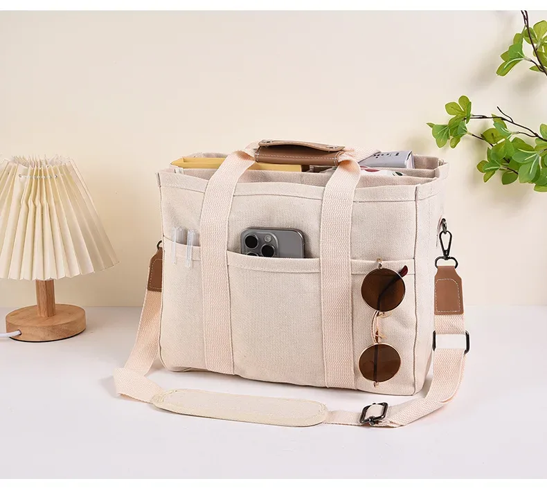 sac fourre-tout en toile de grande capacité avec plusieurs poches, bandoulière amovible pour le travail, l'école et les voyages