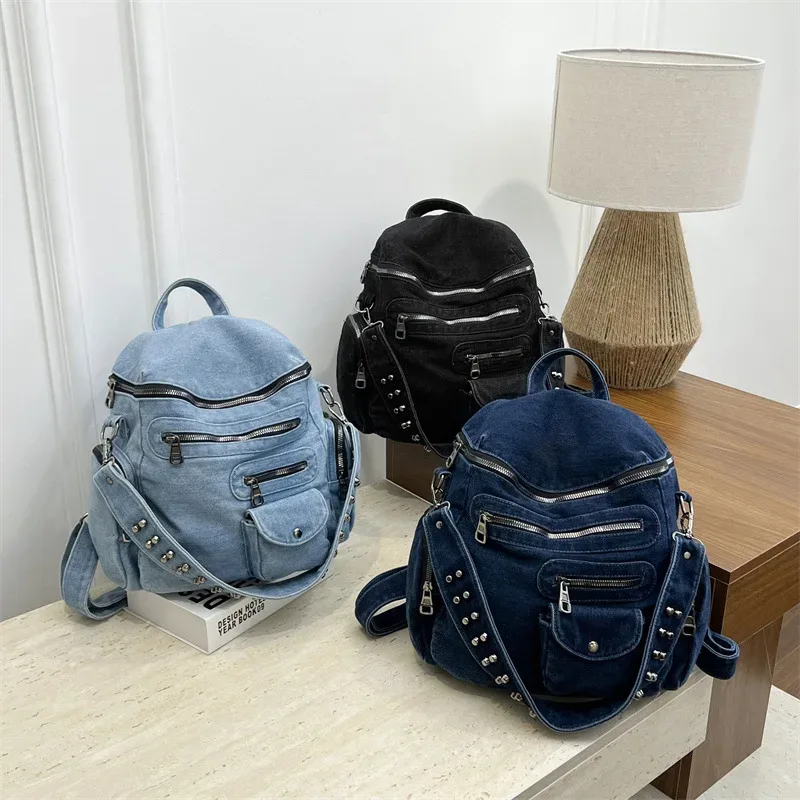 nouveau sac à dos en jean vintage 2026, sac moto multi-poches pour femme, sac à bandoulière au design original