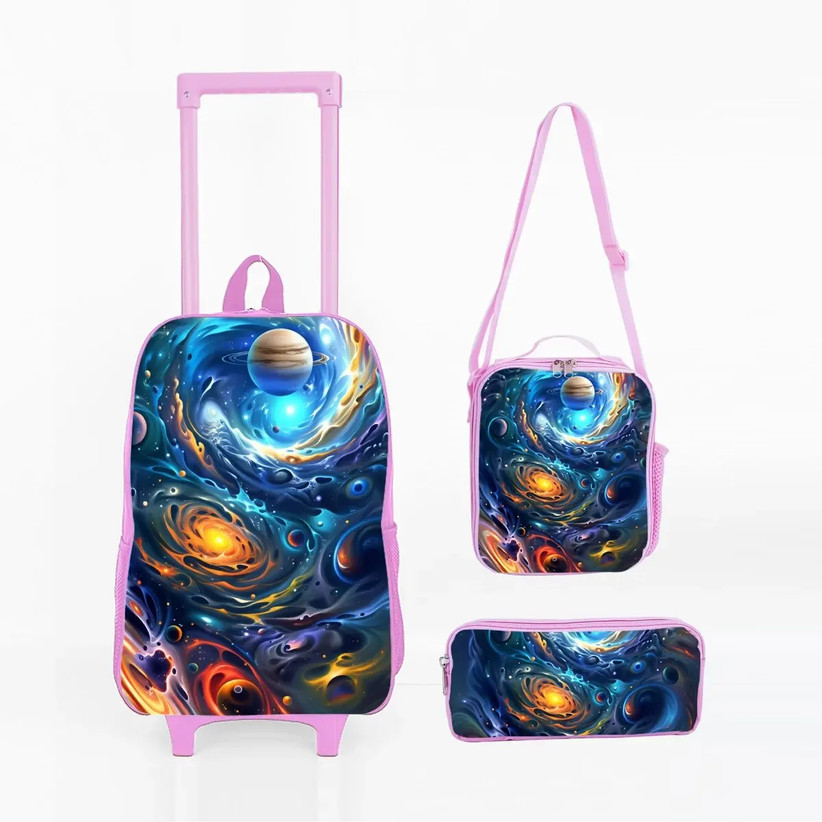 ensemble de sacs à roulettes à imprimé spatial d'astronaute avec boîte à lunch, trousse à crayons, sac à roulettes pour l'école, sac à dos pour fille/garçon