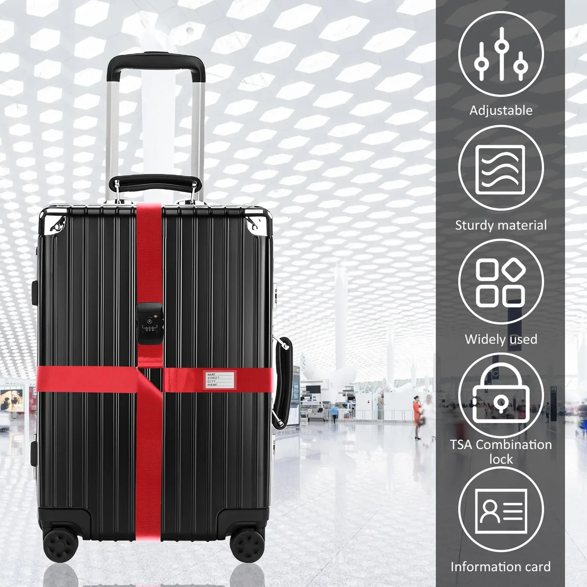 sangle de bagage croisée avec serrure tsa, sangle de valise à longueur réglable avec étiquette d'identification transparente, ceinture de voyage durable pour bagages