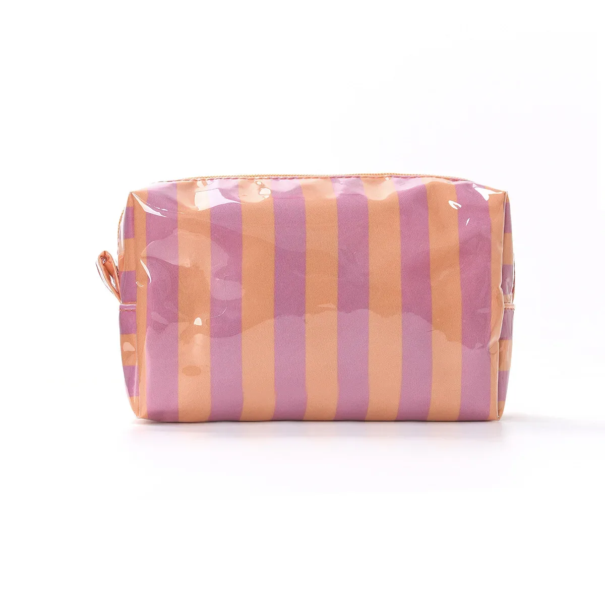 sac cosmétique rayé en pvc avec pompons et fermeture éclair, trousse de toilette de voyage imperméable avec organiseur de pinceaux de maquillage intégré.