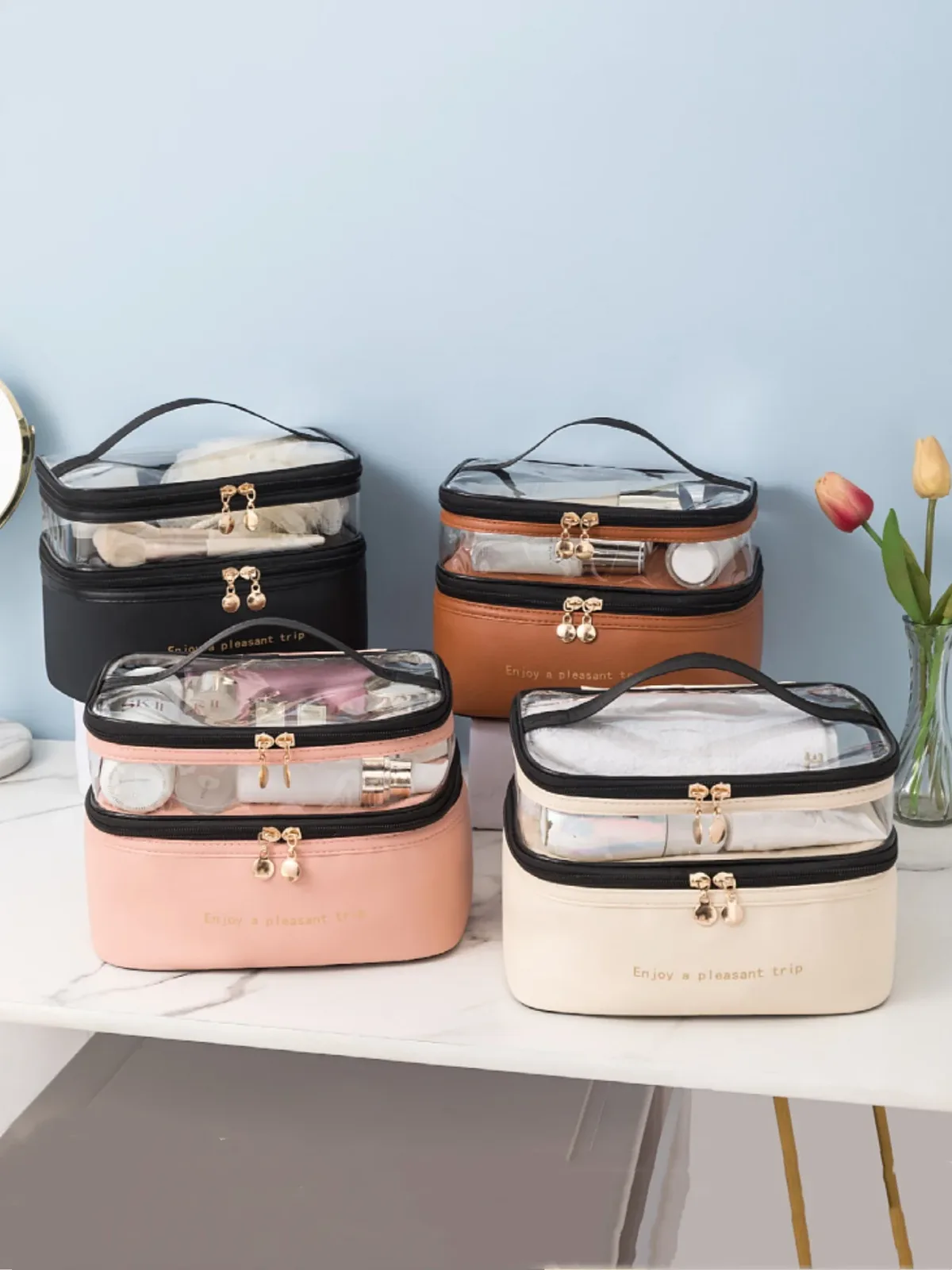 Sac à cosmétiques portable de grande capacité, sac de toilette double transparent, sac de maquillage étanche, sac de rangement de voyage