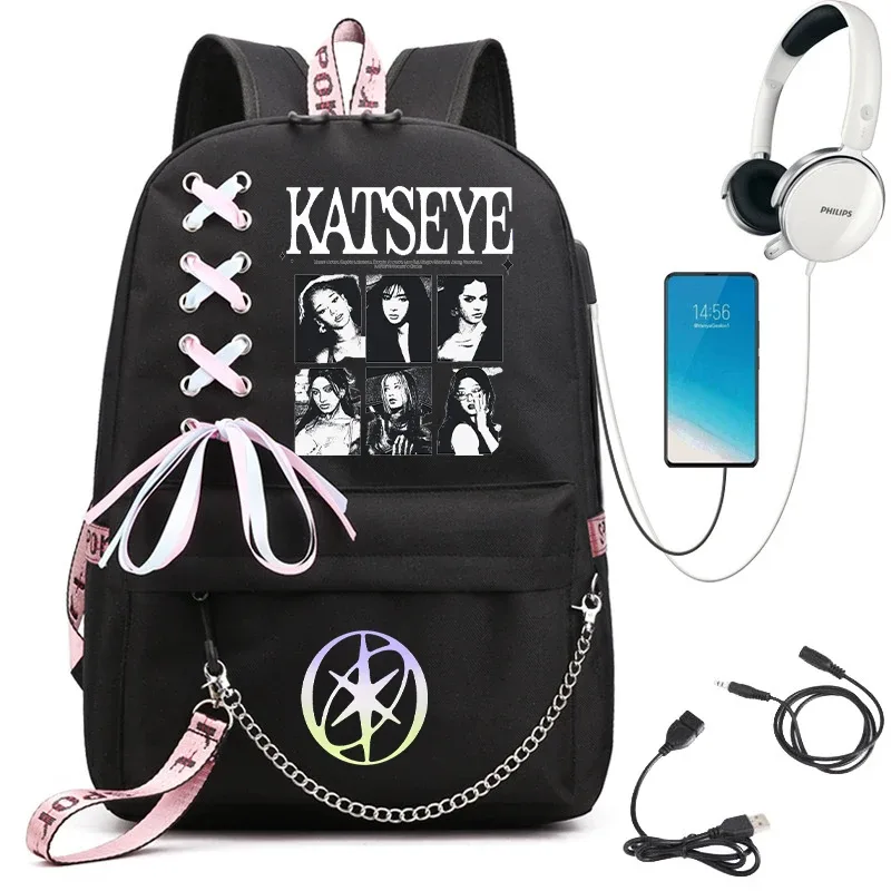 sac à dos d'école graphique katseye pour filles, sacs d'école pour adolescents avec port usb, sac pour ordinateur portable y2k pour femmes, sac à dos katseye pour étudiants