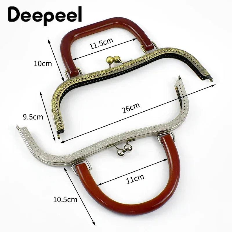 deepeel-cadre de sac à main en métal, poignée de sac en bois, fermoir de baiser, couture rapide, kit de réparation de portefeuille, accessoires de matériel de bricolage, 26cm, 1 pièce