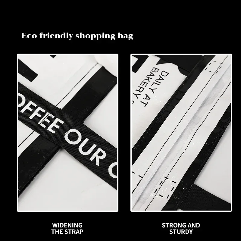 sac de courses tissé blanc imperméable, sac à bandoulière avec lettres anglaises, fourre-tout réutilisable, sac à main portable, sac d'épicerie pour vêtements et linge