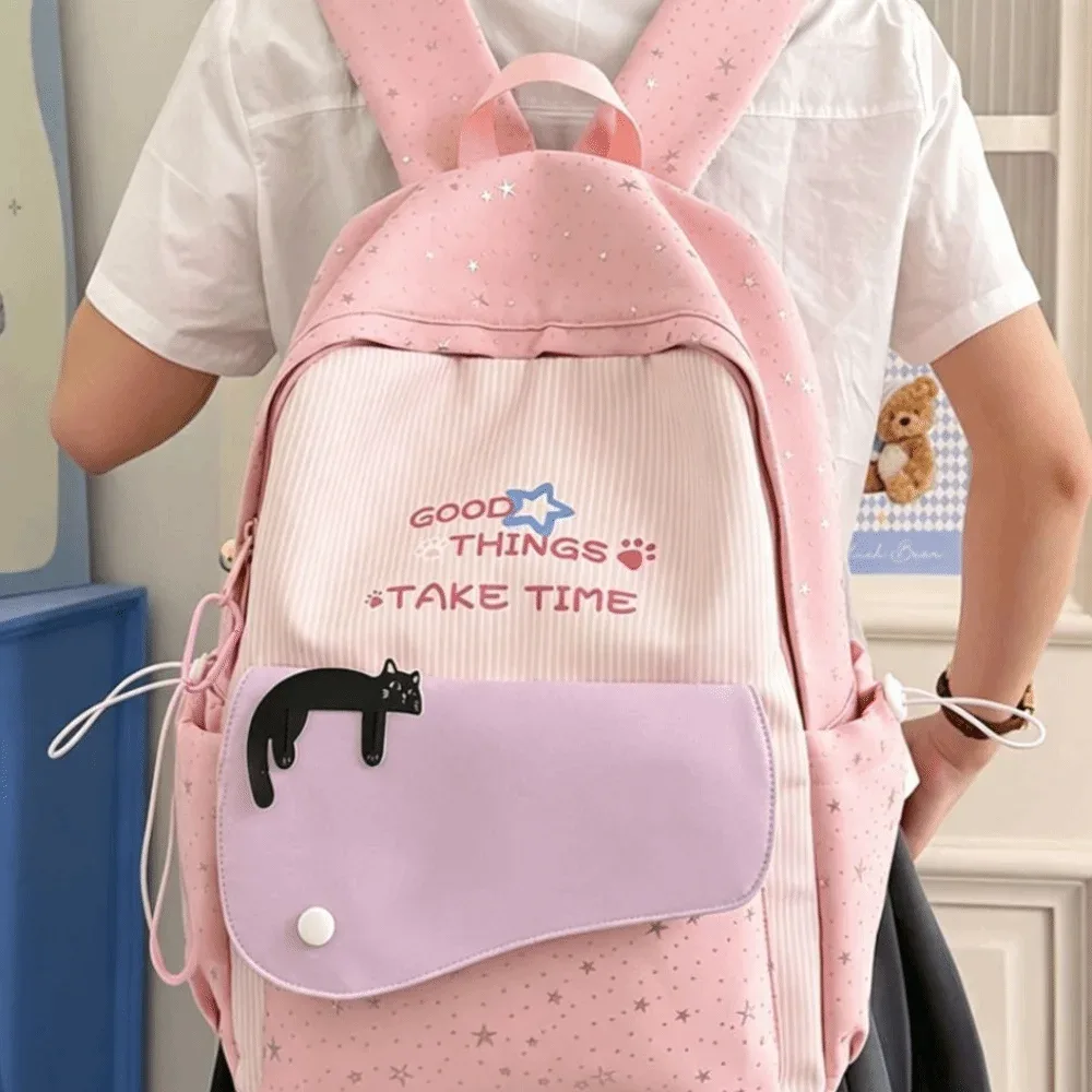 sac à dos tendance motif chat et étoiles, multicolore, en nylon imprimé, léger, mignon, idéal pour les étudiants, cadeau