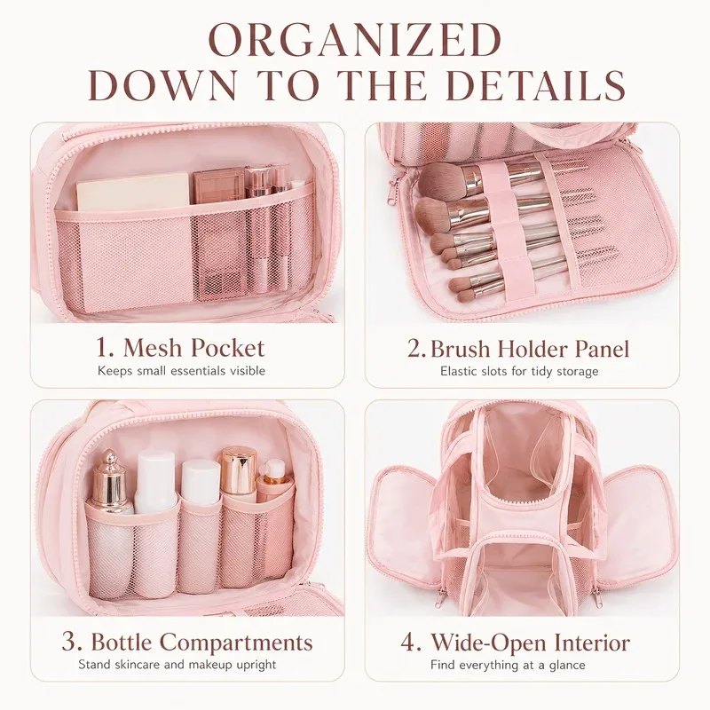sac de maquillage de voyage grande capacité, organisateur de cosmétiques avec poignée, sac de rangement multi-compartiments pour articles de toilette pour femmes